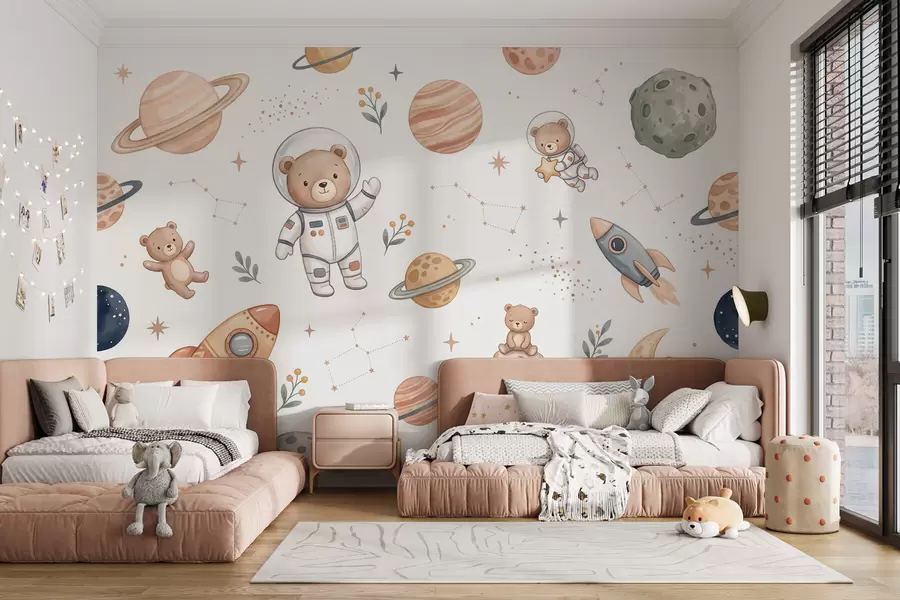Wall Mural Photo Wallpaper Cute teddy bear astronauts among planets, rockets and stars in a soft pastel watercolor style w10096