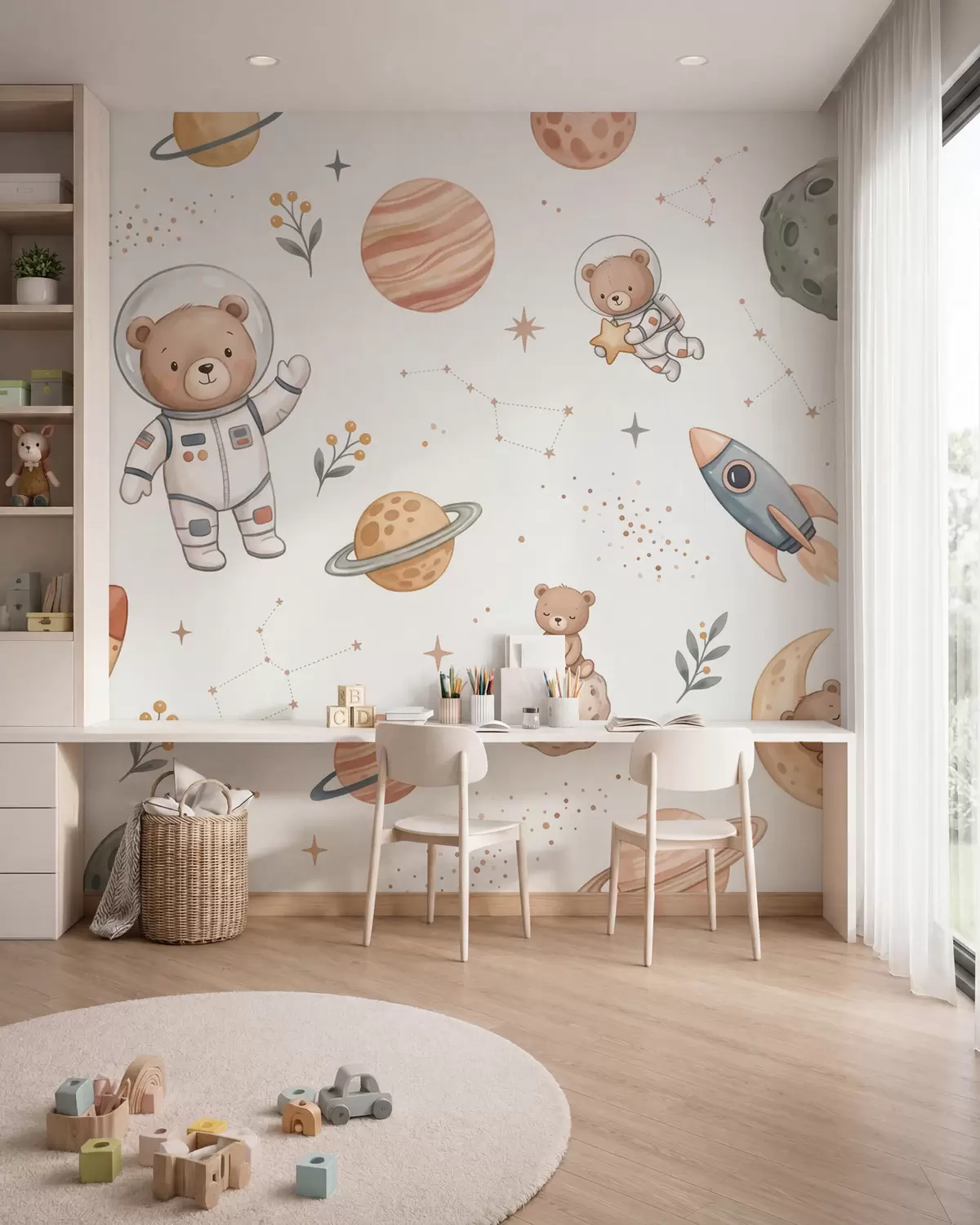 Wall Mural Photo Wallpaper Cute teddy bear astronauts among planets, rockets and stars in a soft pastel watercolor style w10096