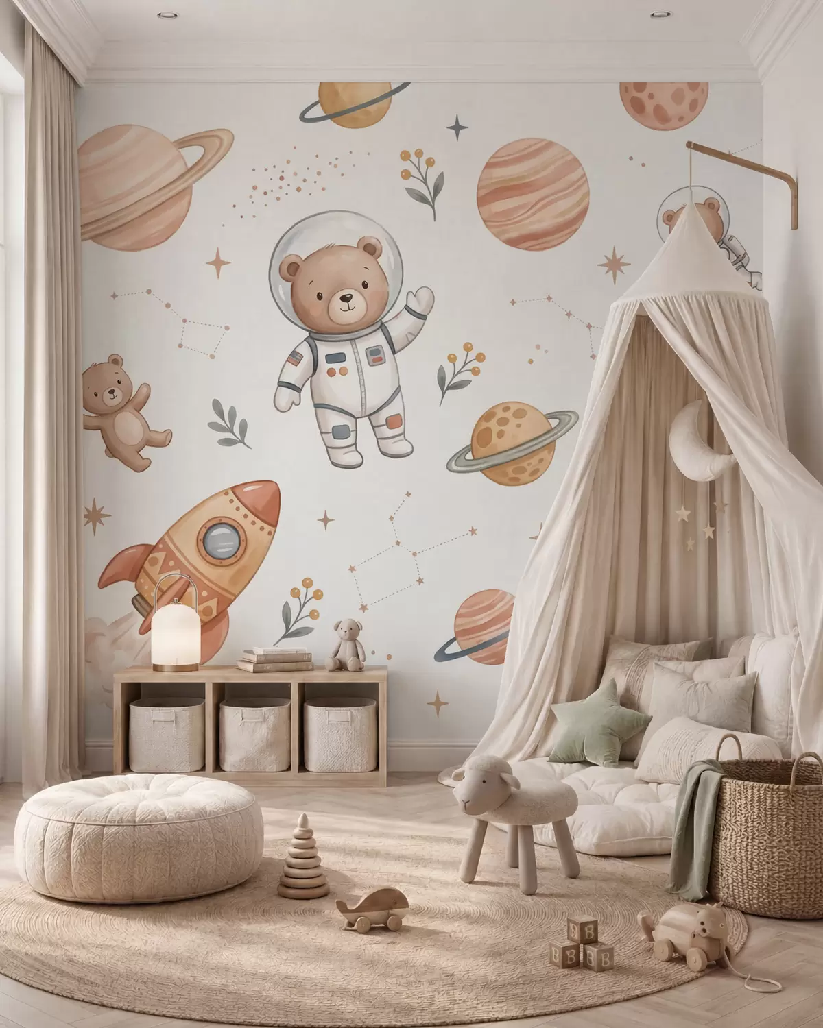 Wall Mural Photo Wallpaper Cute teddy bear astronauts among planets, rockets and stars in a soft pastel watercolor style w10096