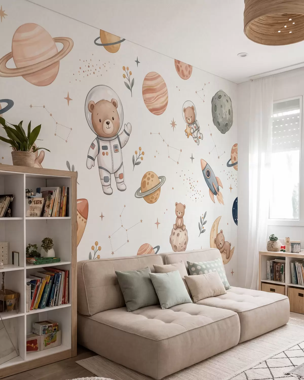 Wall Mural Photo Wallpaper Cute teddy bear astronauts among planets, rockets and stars in a soft pastel watercolor style w10096