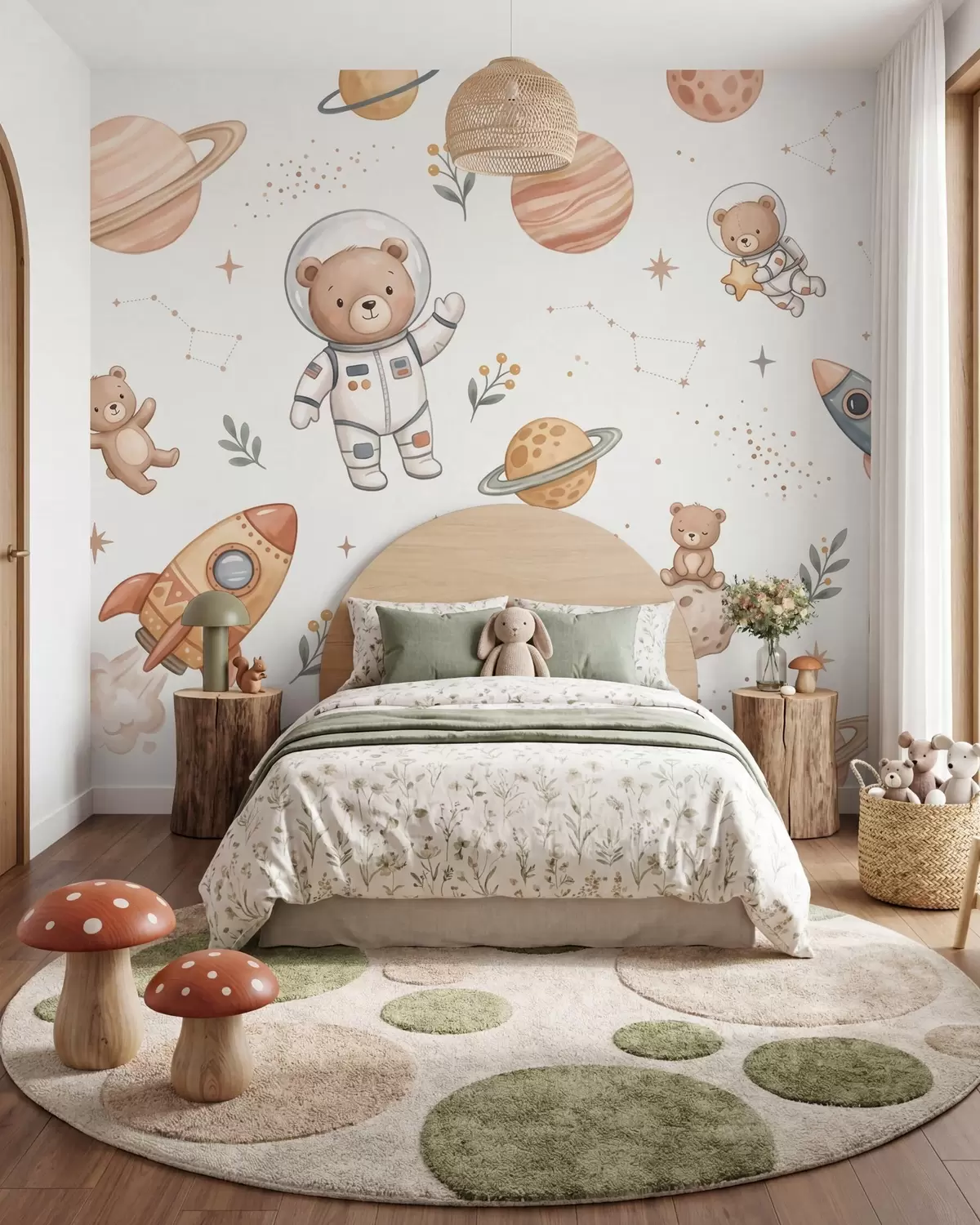 Wall Mural Photo Wallpaper Cute teddy bear astronauts among planets, rockets and stars in a soft pastel watercolor style w10096