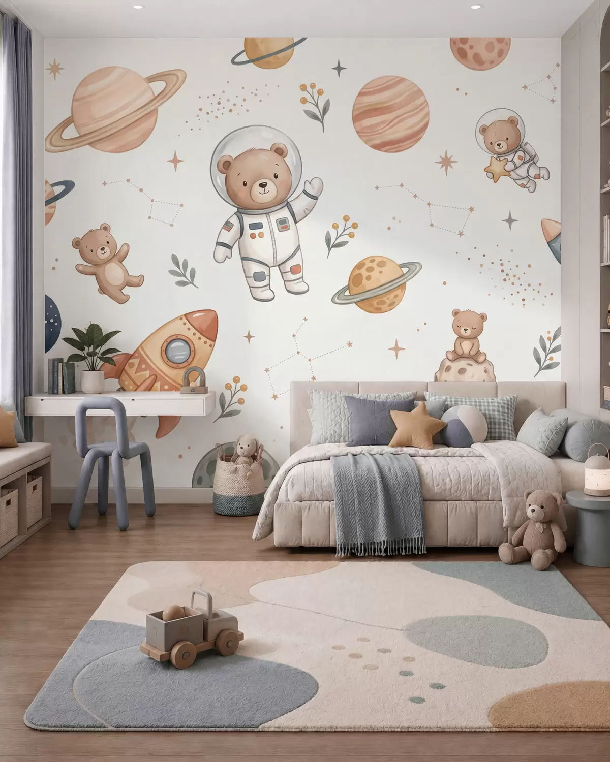 Wall Mural Photo Wallpaper Cute teddy bear astronauts among planets, rockets and stars in a soft pastel watercolor style w10096