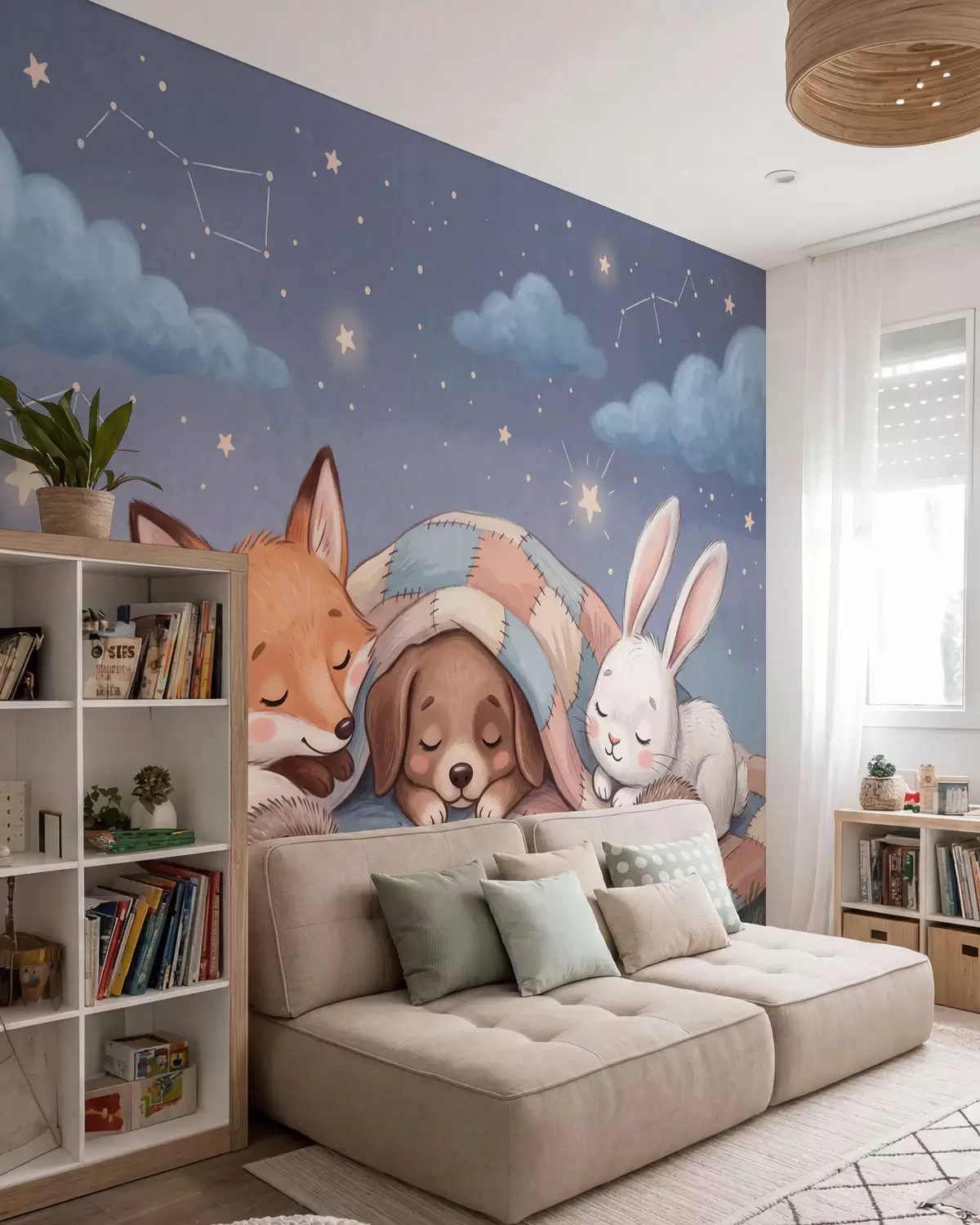 wall murals Whimsical woodland animals sleeping under a starry sky on a cozy patchwork blanket in a charming watercolor illustration w10098
