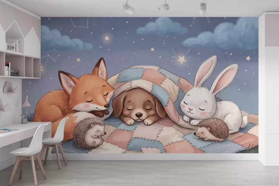 Wall Mural Photo Wallpaper Whimsical woodland animals sleeping under a starry sky on a cozy patchwork blanket in a charming watercolor illustration w10098