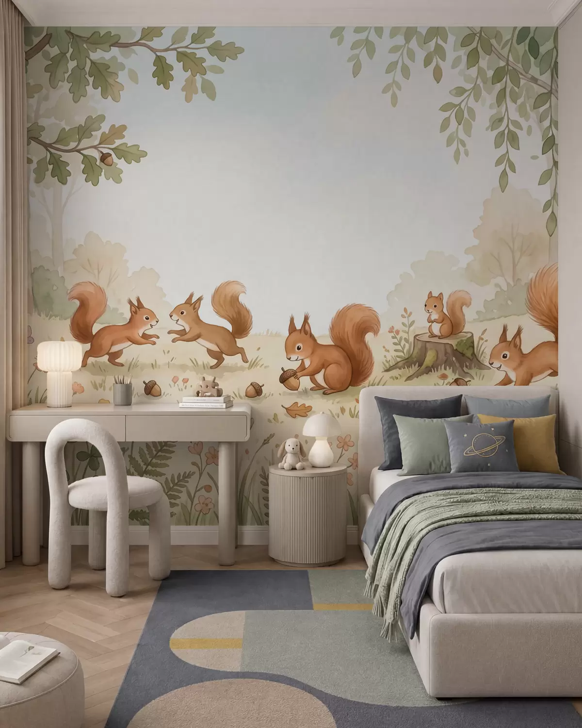 Wall Mural Photo Wallpaper Autumn woodland with fluffy red squirrels, acorns and delicate wildflowers in a watercolor style w10102