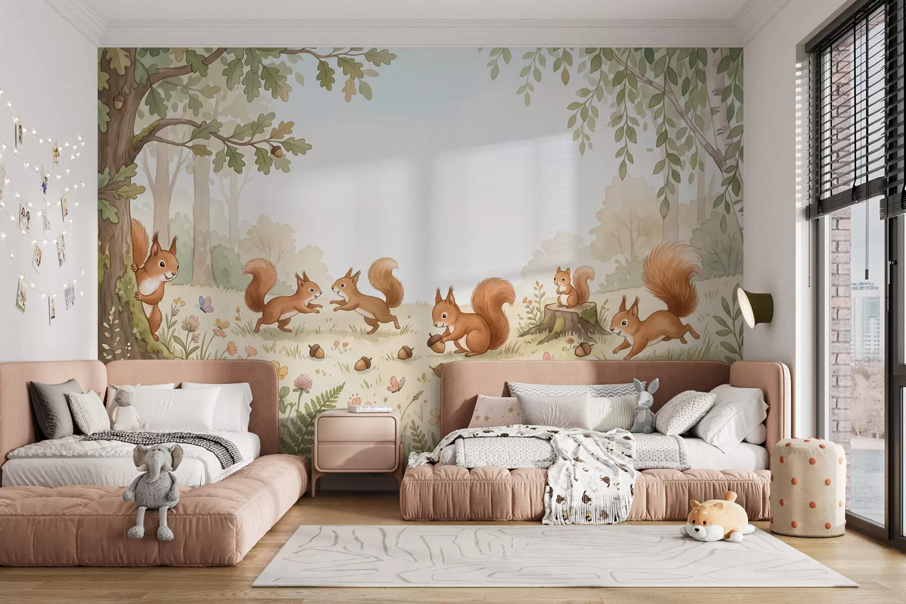 Wall Mural Photo Wallpaper Autumn woodland with fluffy red squirrels, acorns and delicate wildflowers in a watercolor style w10102