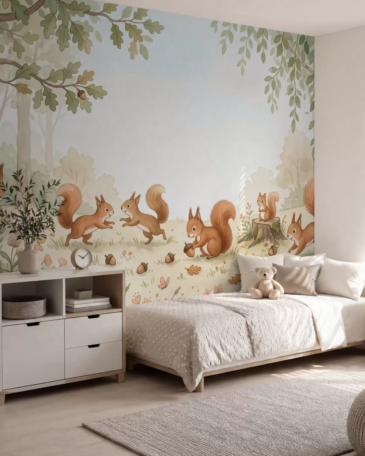 Wall Mural Photo Wallpaper Autumn woodland with fluffy red squirrels, acorns and delicate wildflowers in a watercolor style w10102