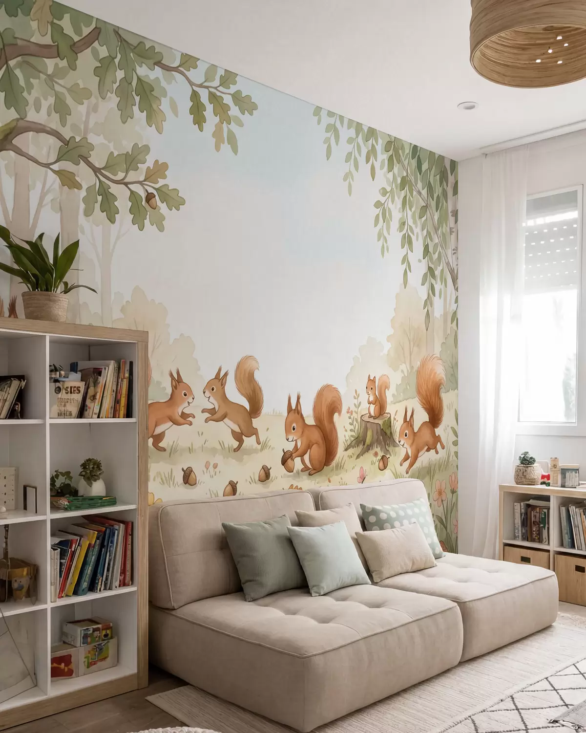 Wall Mural Photo Wallpaper Autumn woodland with fluffy red squirrels, acorns and delicate wildflowers in a watercolor style w10102