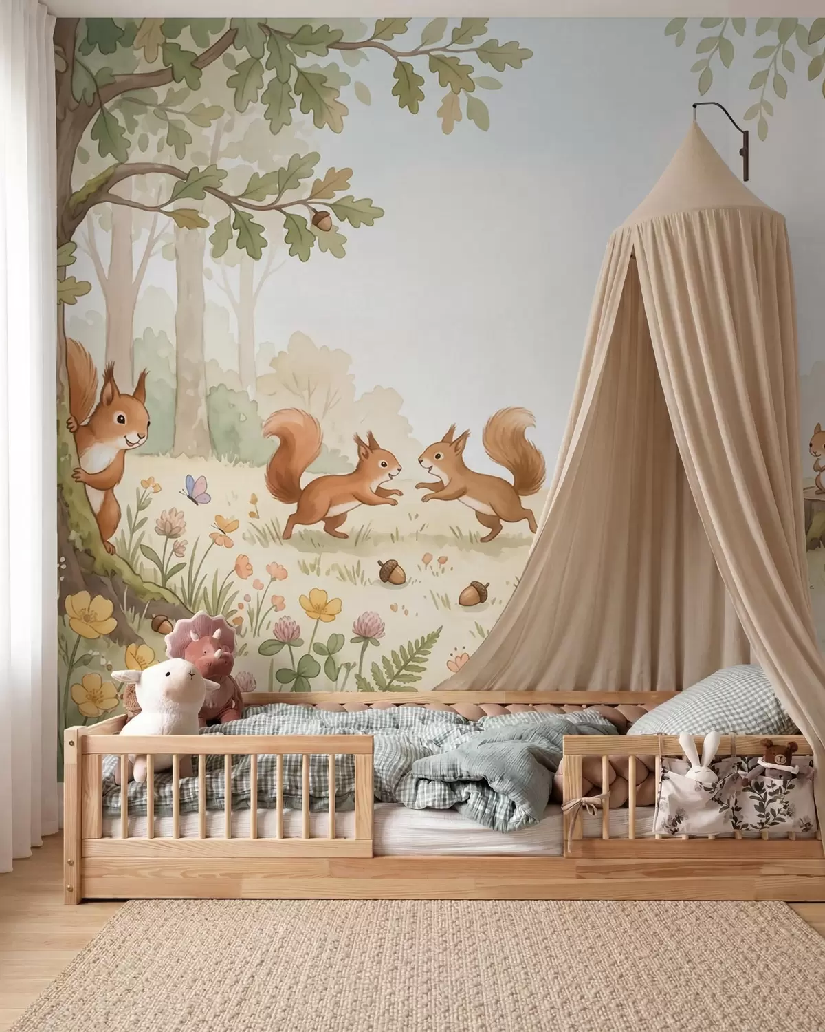 Wall Mural Photo Wallpaper Autumn woodland with fluffy red squirrels, acorns and delicate wildflowers in a watercolor style w10102