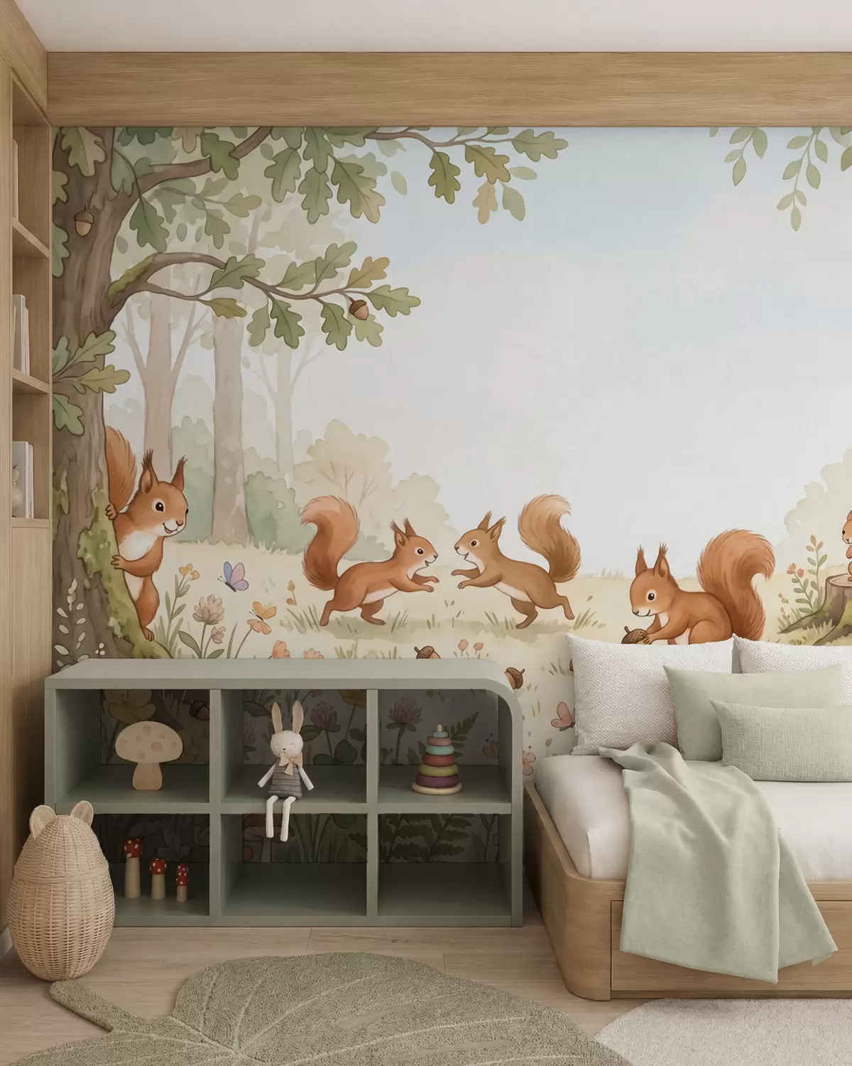 Wall Mural Photo Wallpaper Autumn woodland with fluffy red squirrels, acorns and delicate wildflowers in a watercolor style w10102