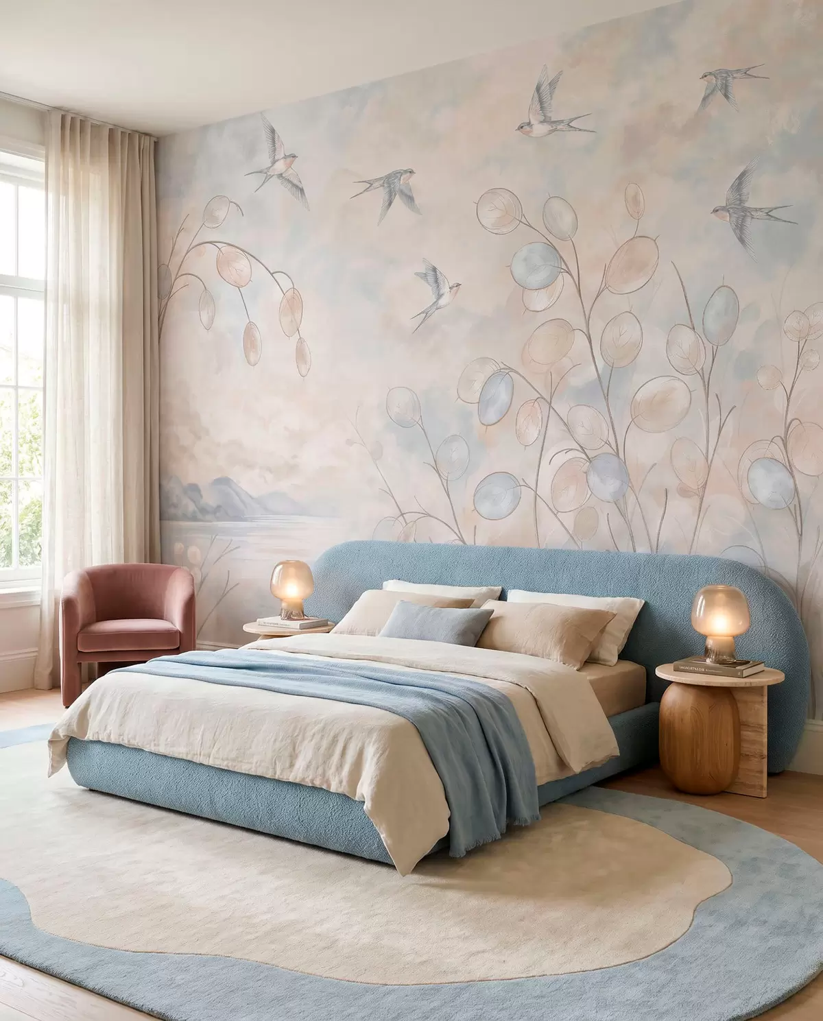 wall murals Swallows among delicate plants against a lake and mountains w05892