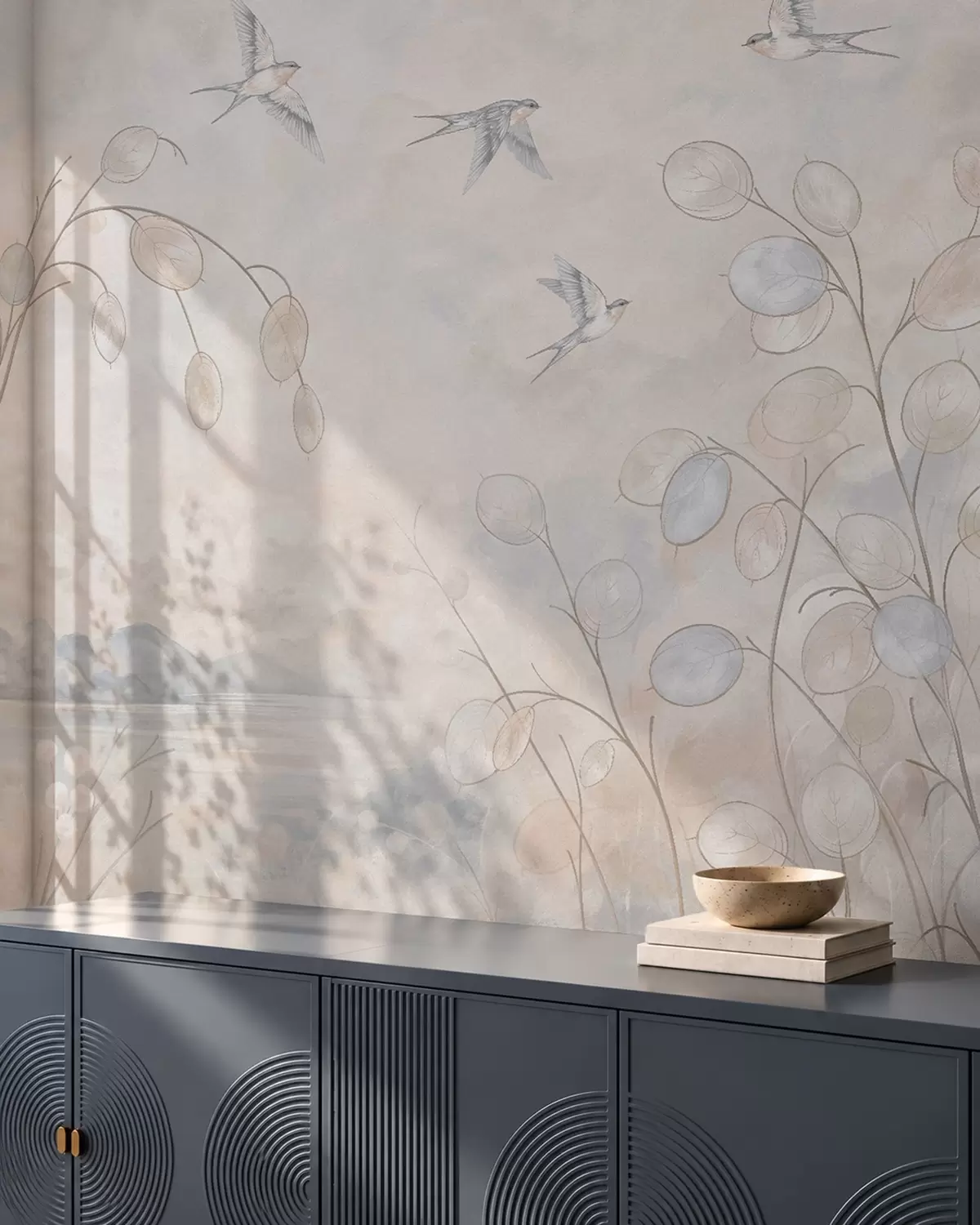 wall murals Swallows among delicate plants against a lake and mountains w05892