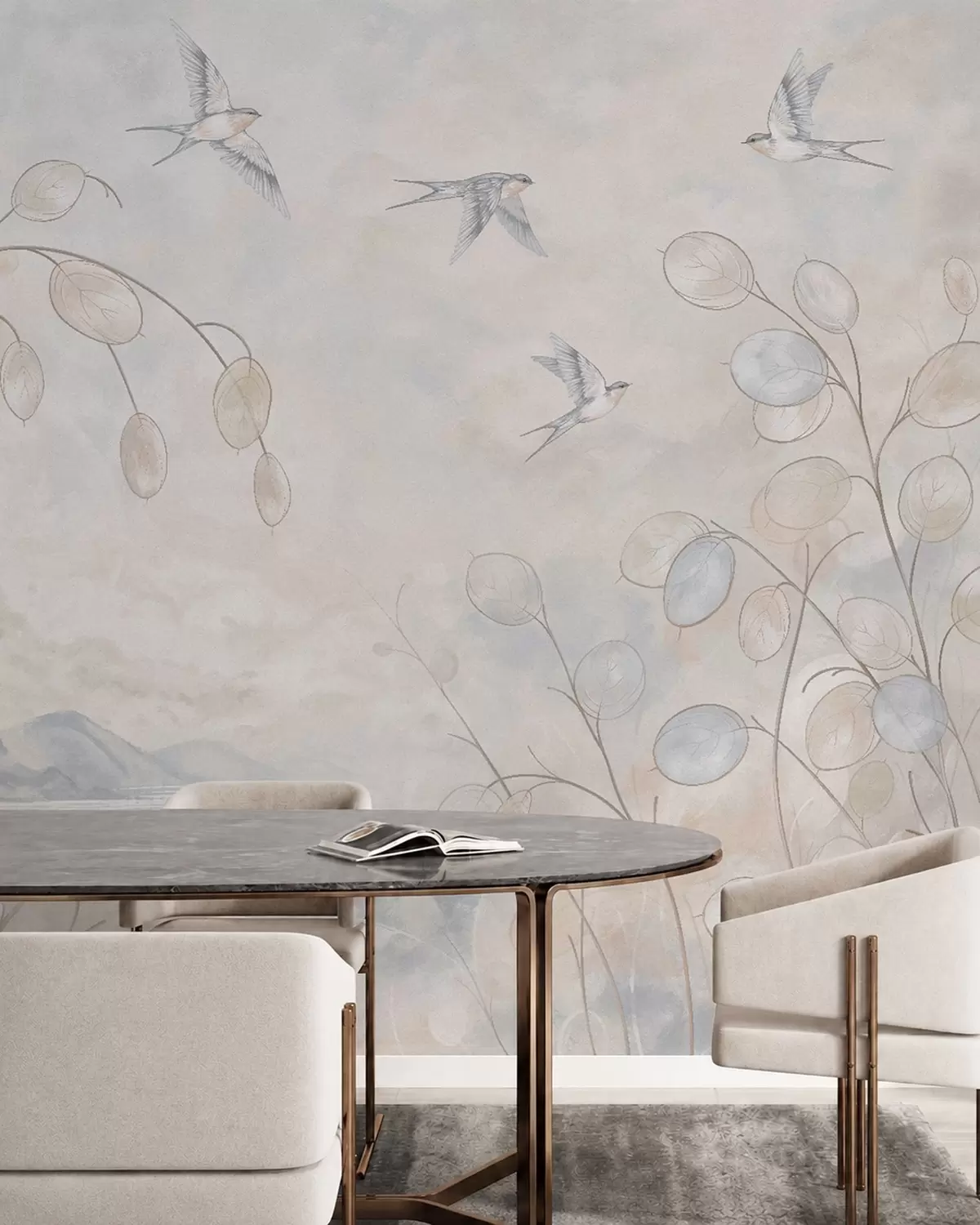 wall murals Swallows among delicate plants against a lake and mountains w05892