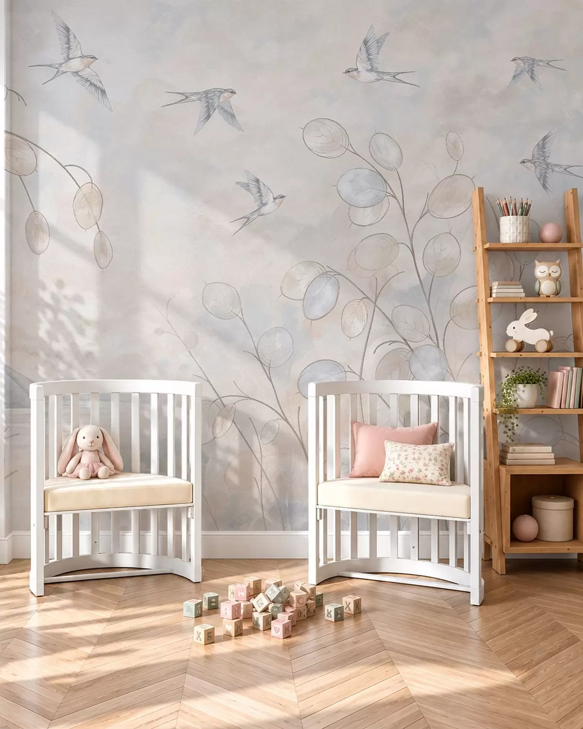 wall murals Swallows among delicate plants against a lake and mountains w05892