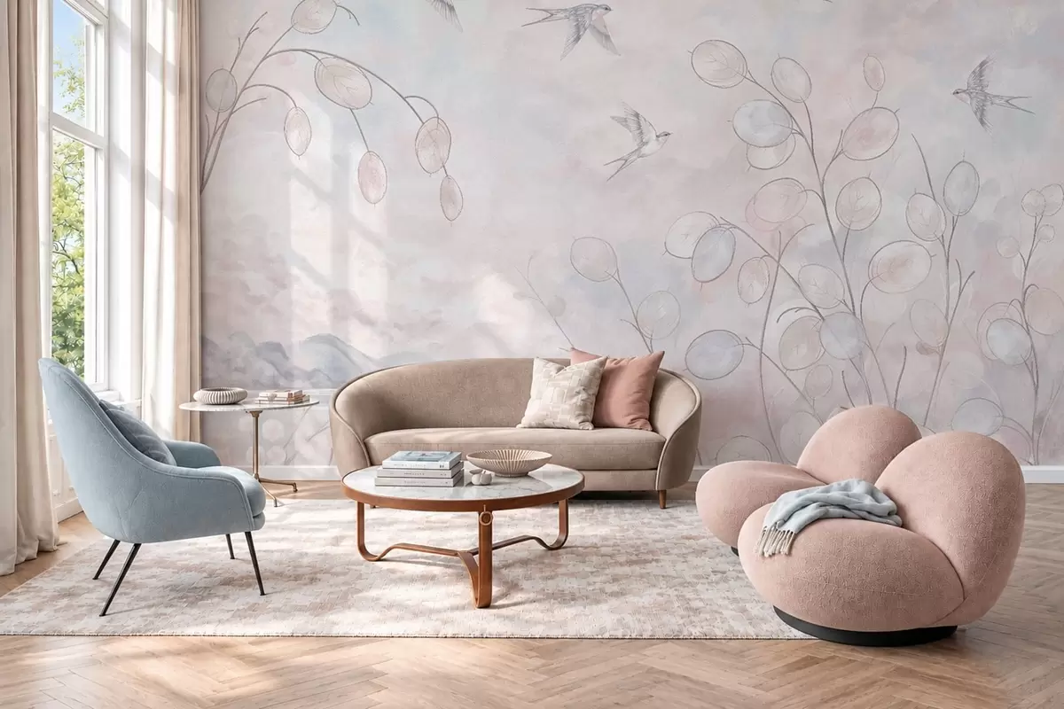 wall murals Swallows and delicate plants in pastel shades w05892v1