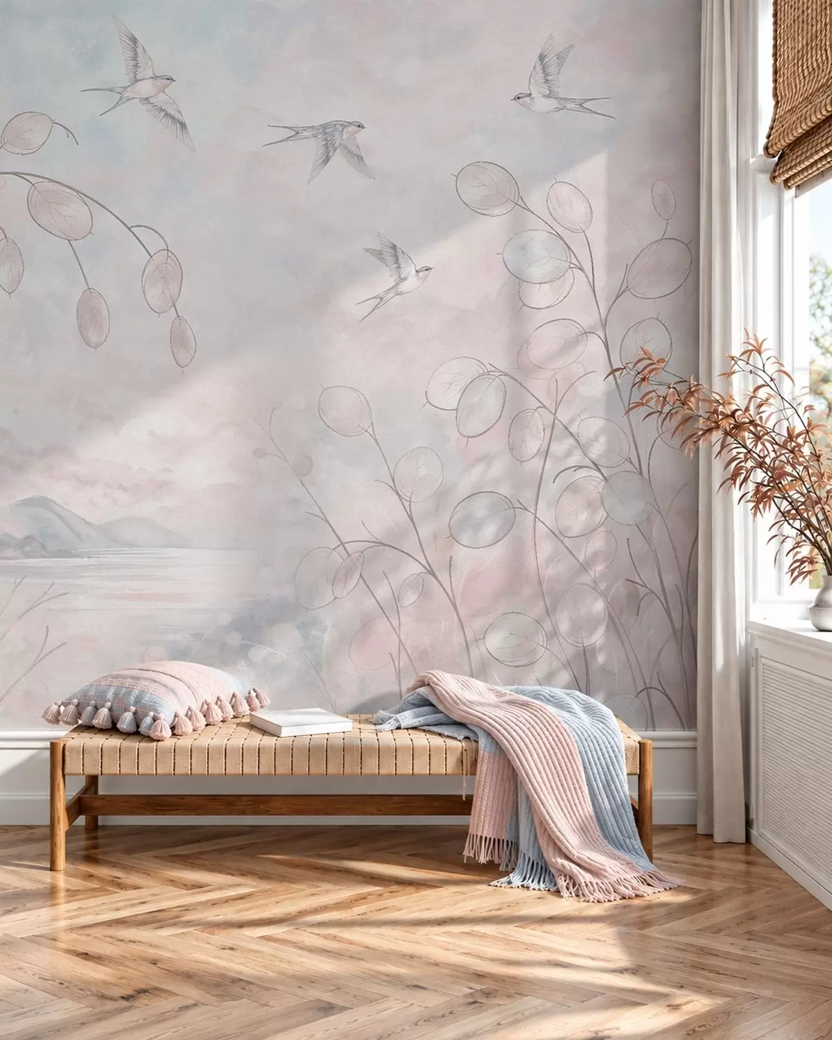 wall murals Swallows and delicate plants in pastel shades w05892v1