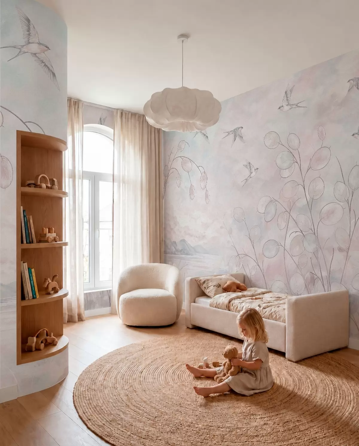 wall murals Swallows and delicate plants in pastel shades w05892v1