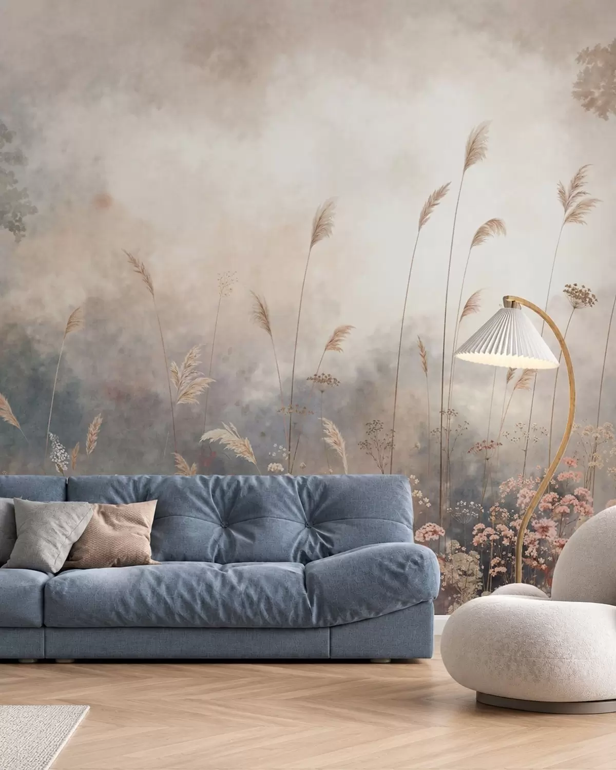 wall murals Wildflowers and tall grasses in a misty landscape w05959