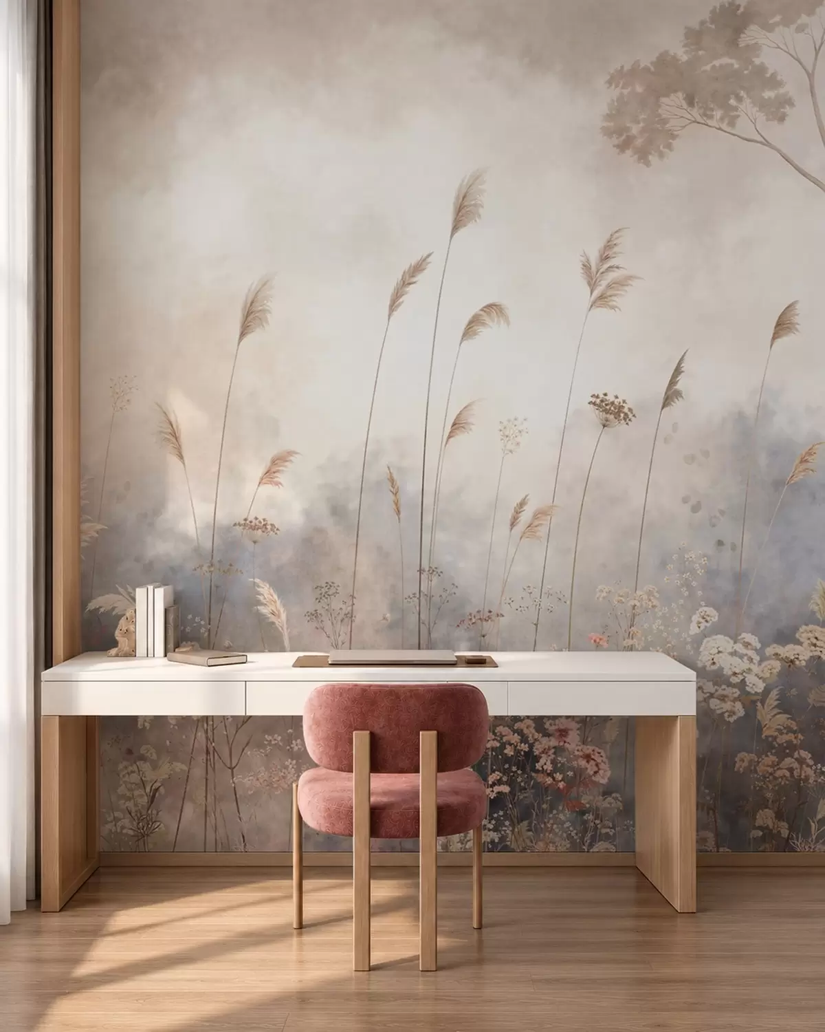 wall murals Wildflowers and tall grasses in a misty landscape w05959