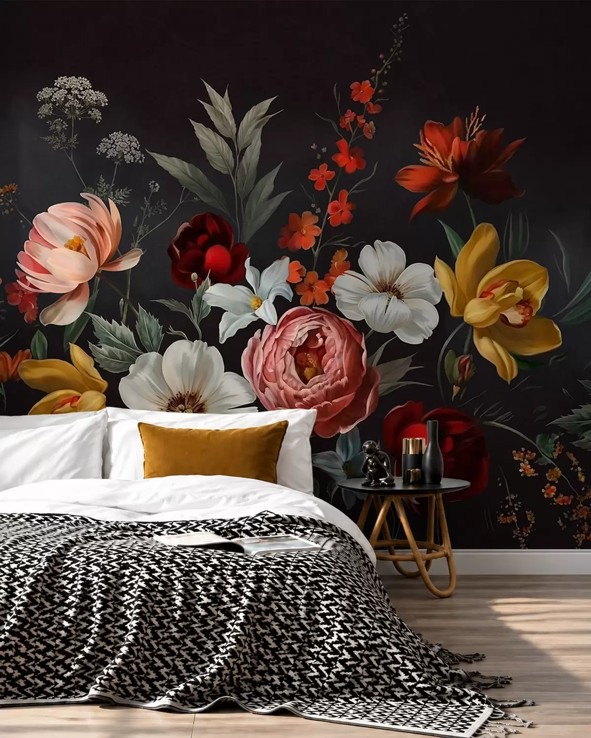 wall murals Lush arrangement of colorful flowers on a dark background w05960