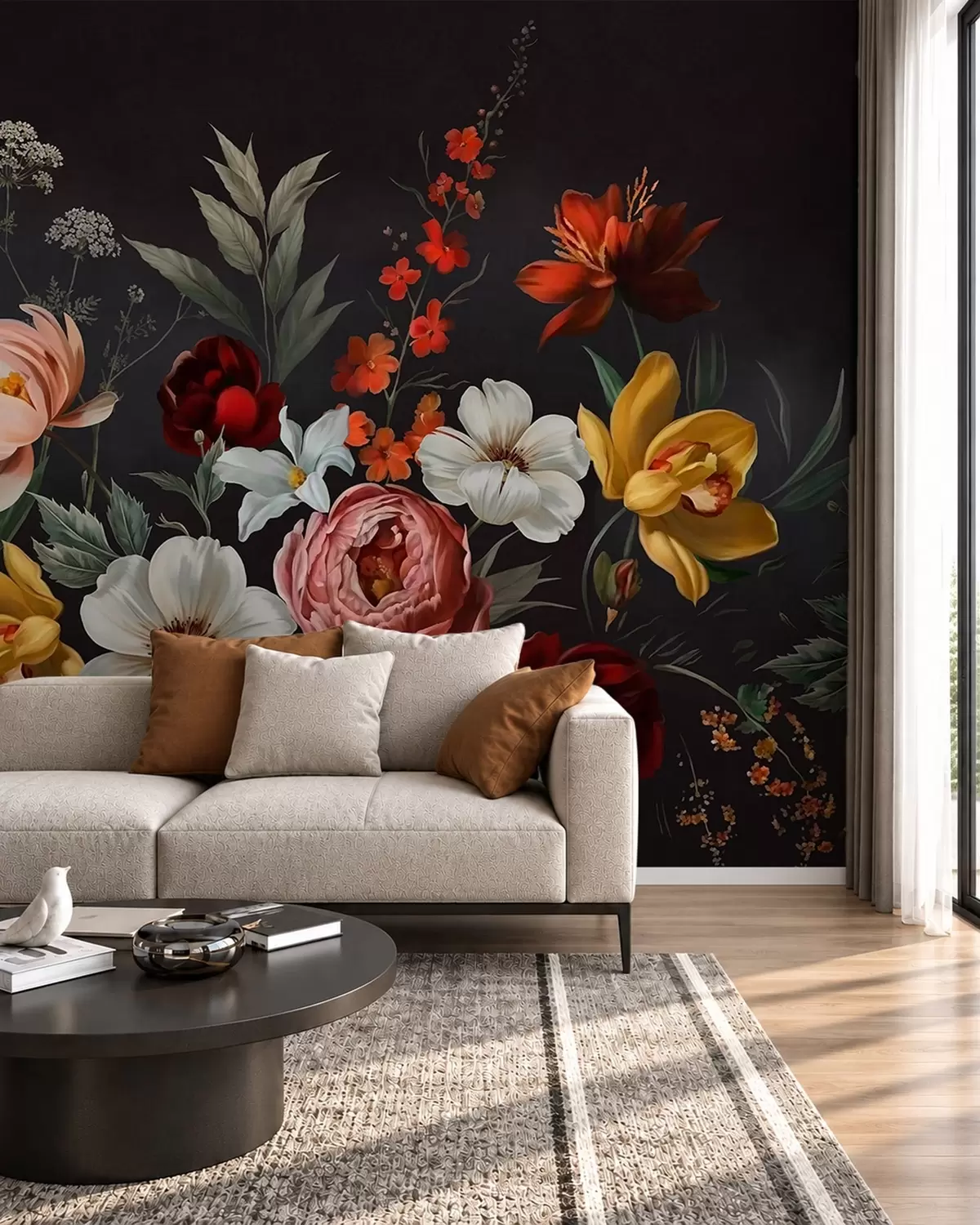 wall murals Lush arrangement of colorful flowers on a dark background w05960