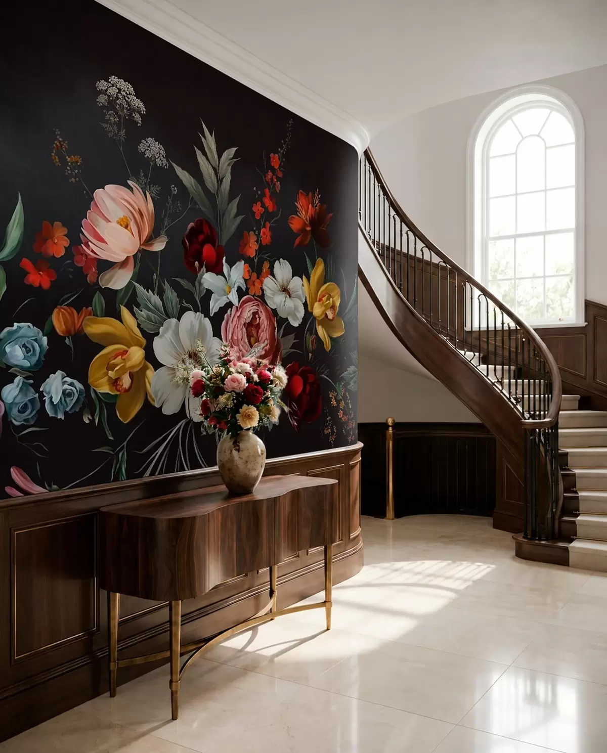 wall murals Lush arrangement of colorful flowers on a dark background w05960