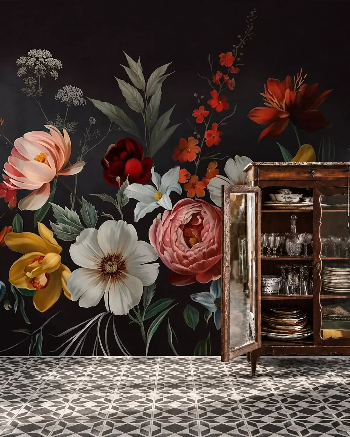 wall murals Lush arrangement of colorful flowers on a dark background w05960