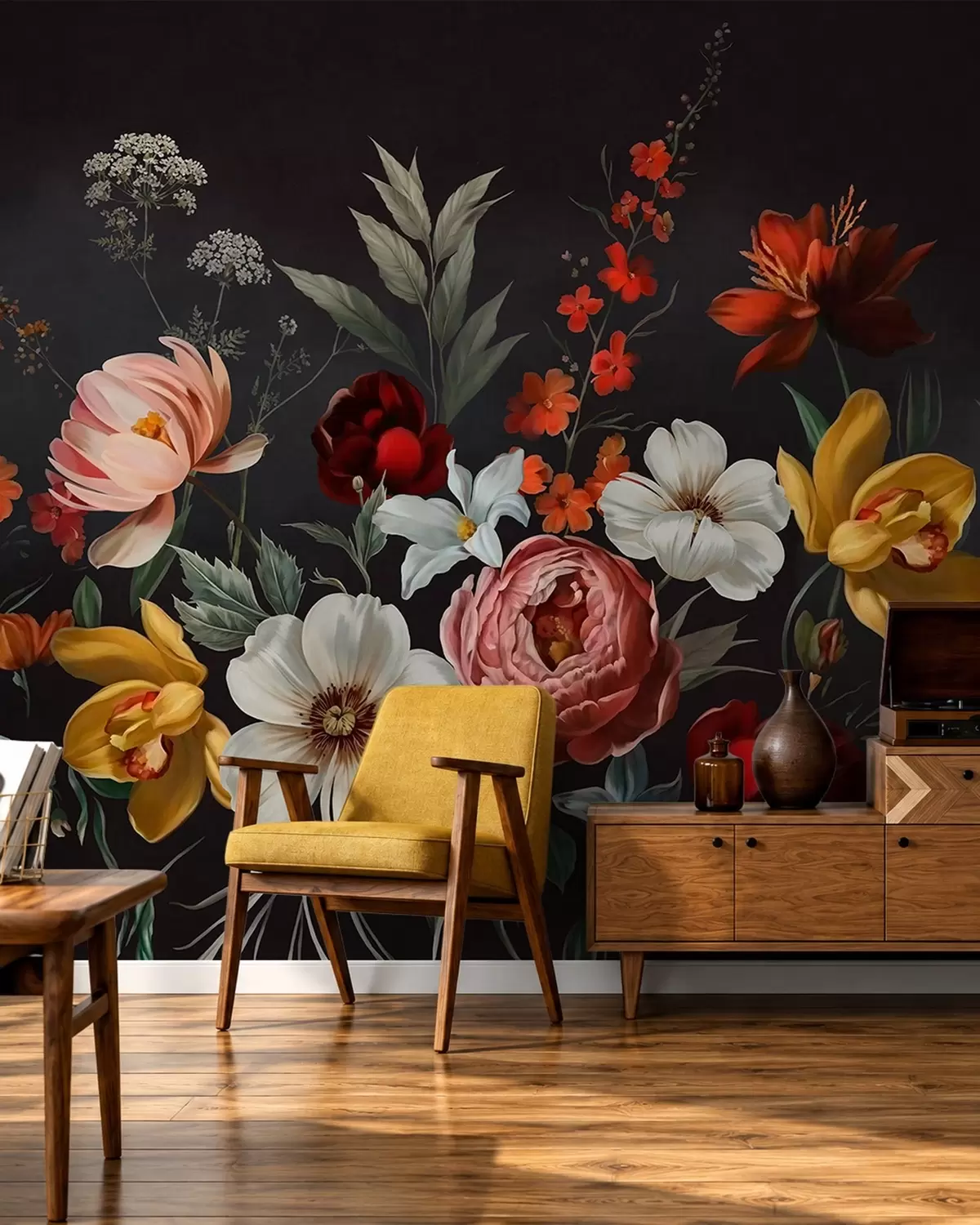 wall murals Lush arrangement of colorful flowers on a dark background w05960
