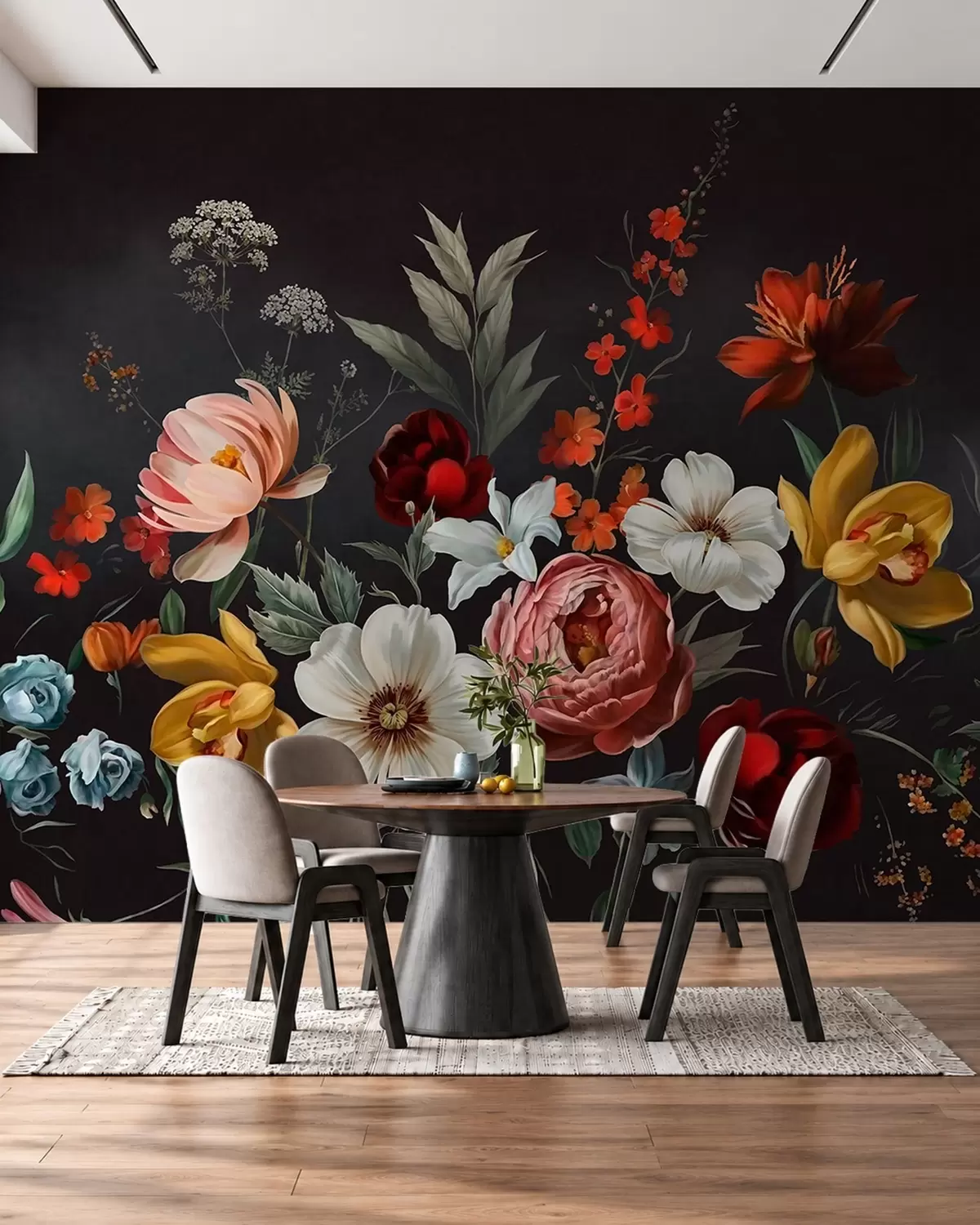 wall murals Lush arrangement of colorful flowers on a dark background w05960
