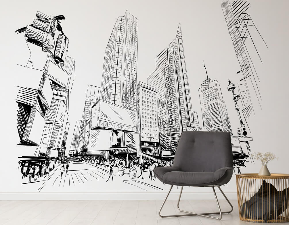 3D Black and white city buildings with sunshine 17 Wall Mural