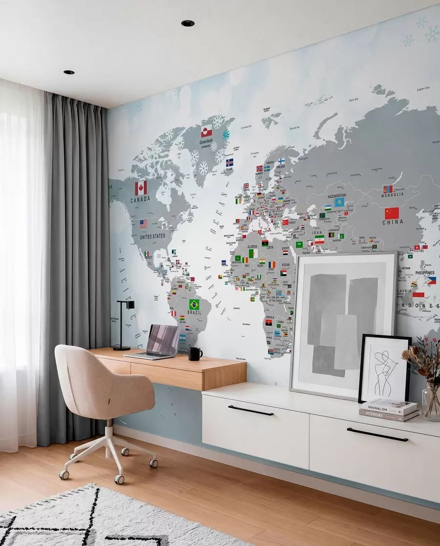 wall murals World map with flags u72599