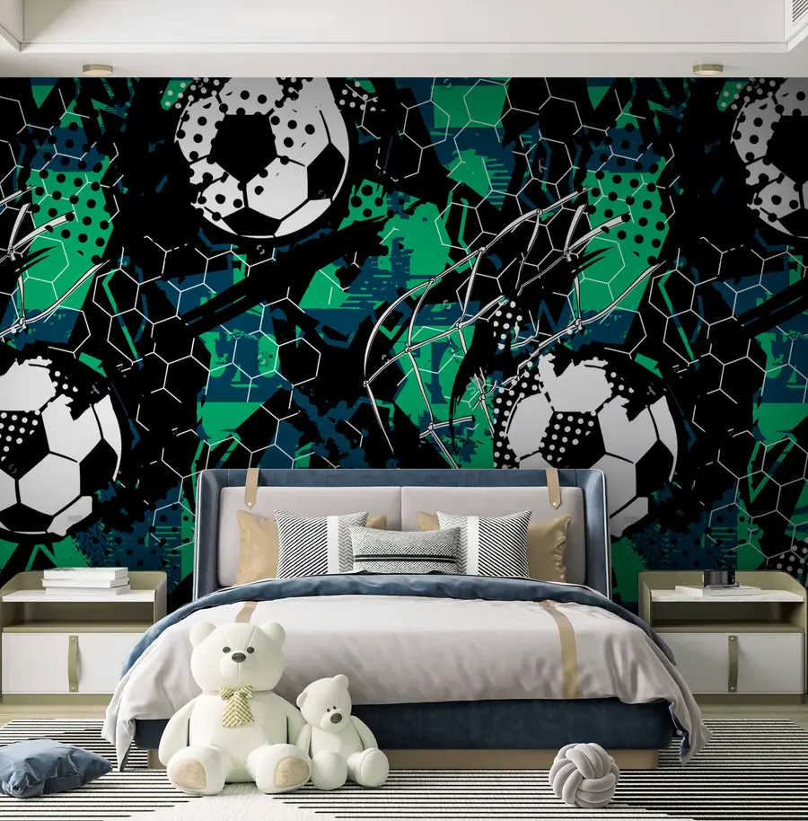 Wall Mural Photo Wallpaper Black-green abstraction and football balls u73014