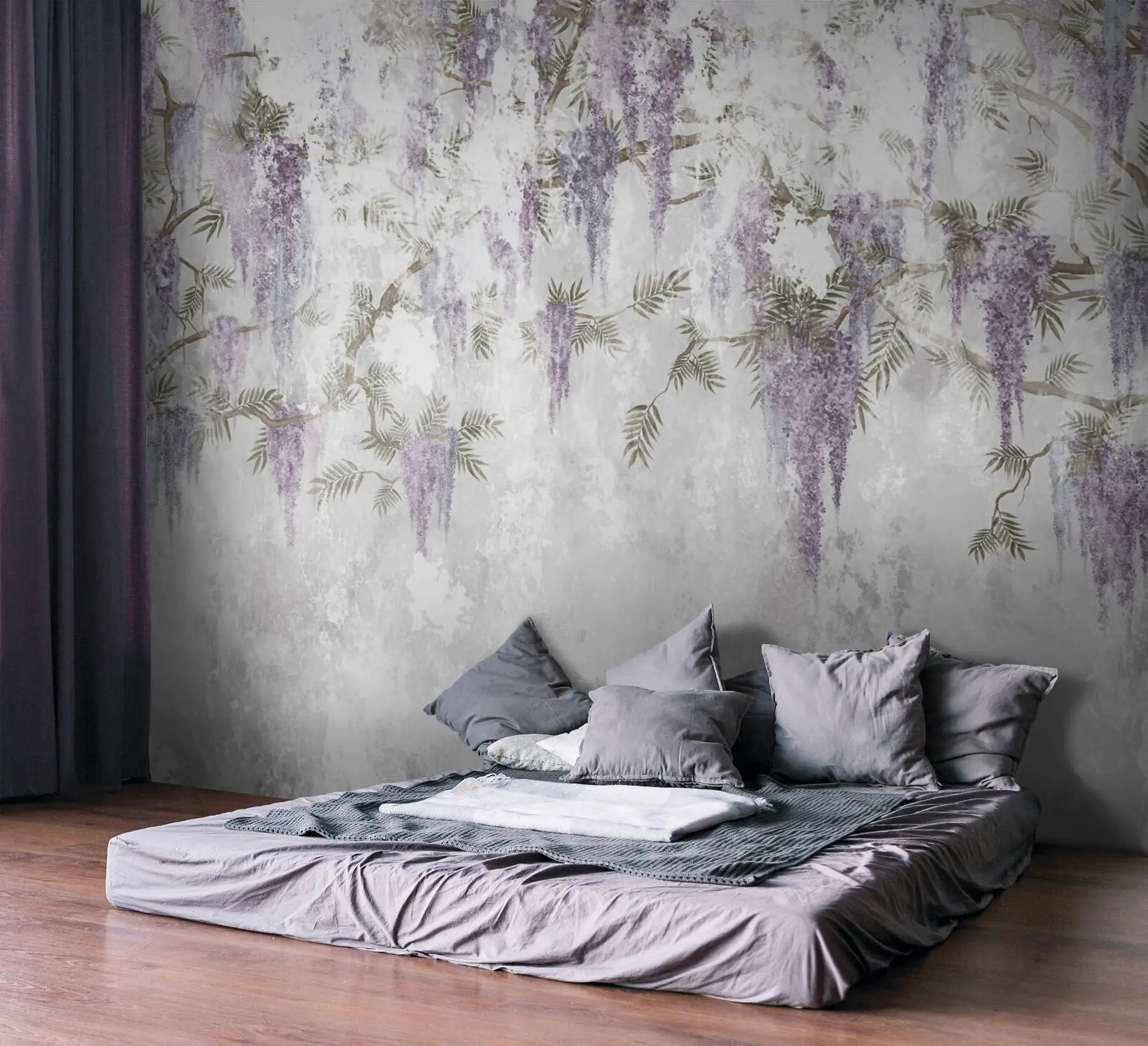 wall murals Hanging trendy grunge branches with purple flowers u73816