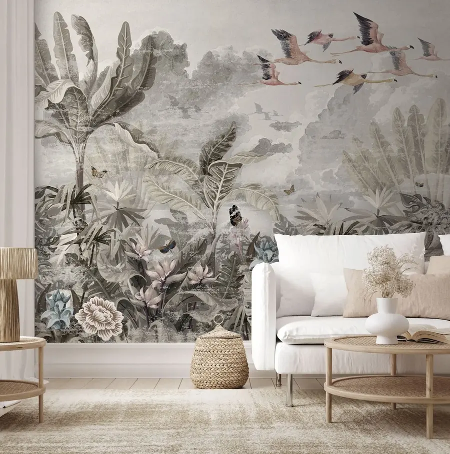 Wall Mural Photo Wallpaper Flamingos fly over the jungle u73561
