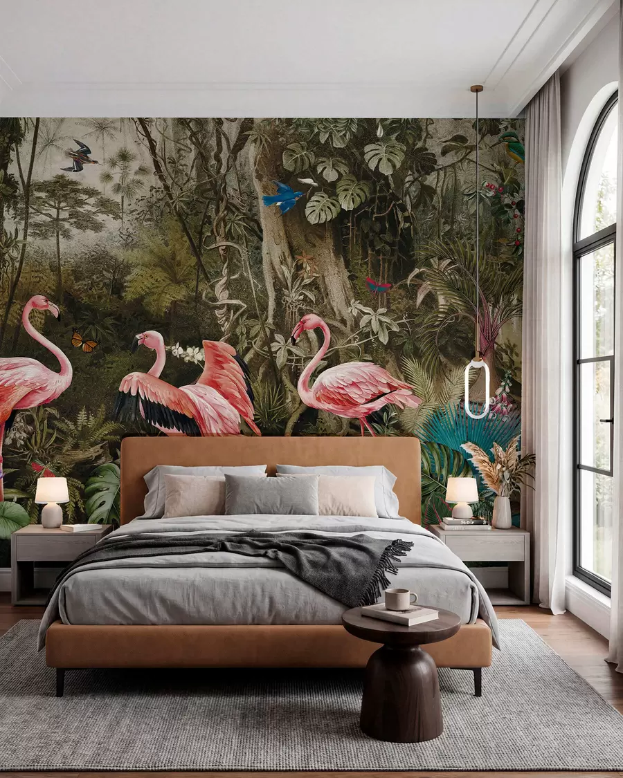 peintures murales Oiseaux tropicaux et flamants roses dans la jungle u73568