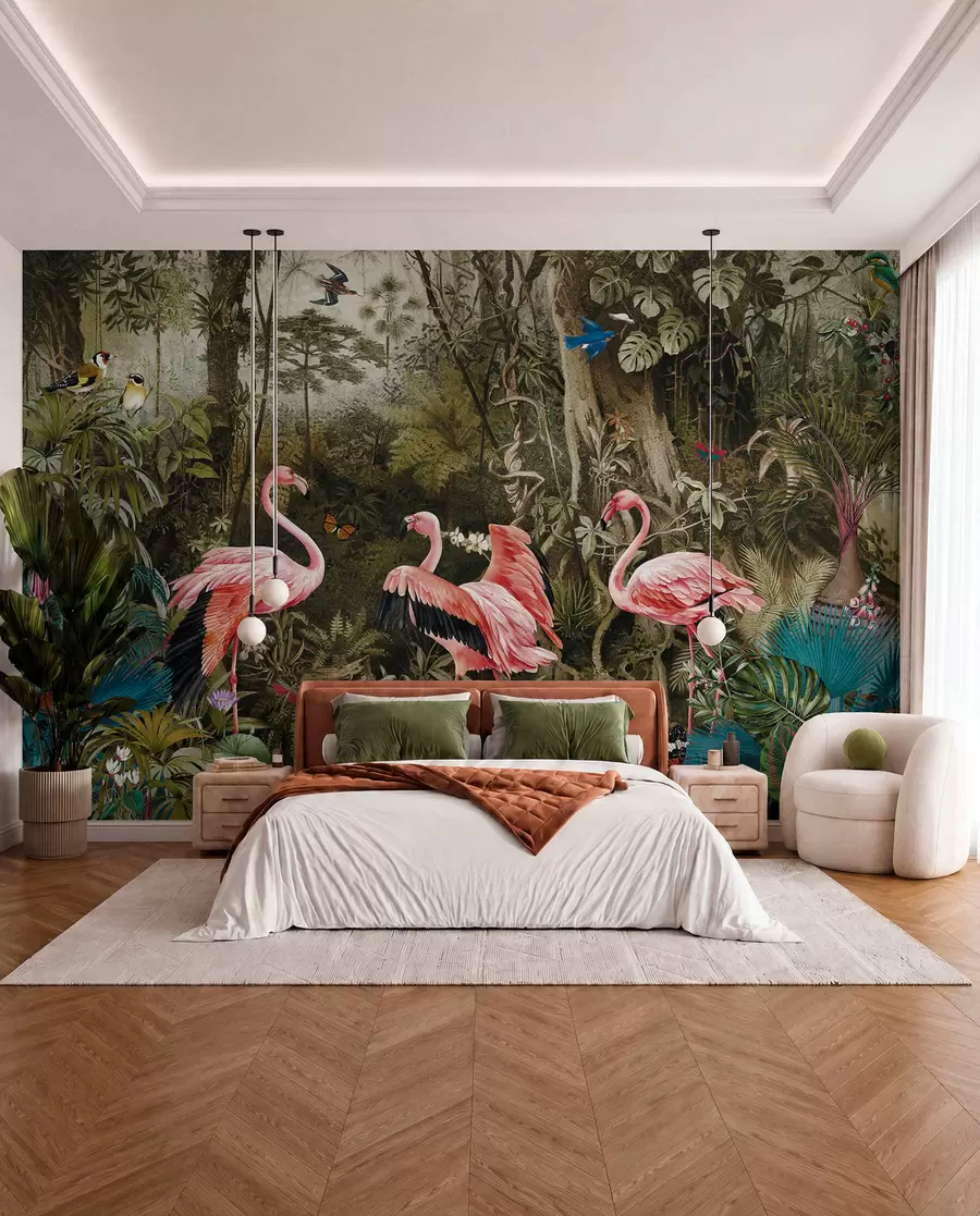 peintures murales Oiseaux tropicaux et flamants roses dans la jungle u73568