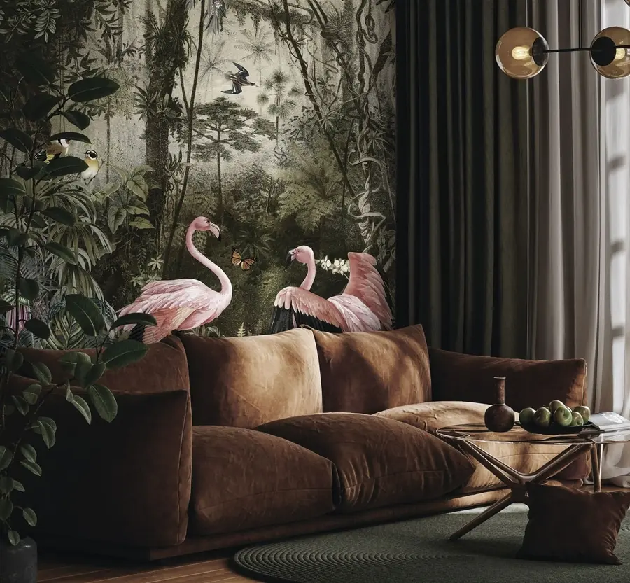 murales Aves tropicales y flamencos en la selva u73568