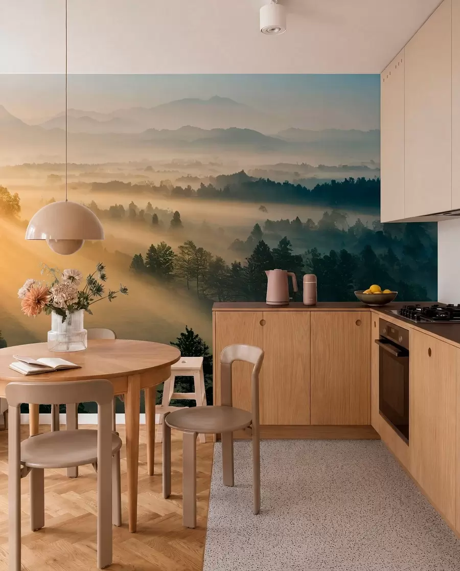 wall murals Rays of the sun and foggy forest u73864