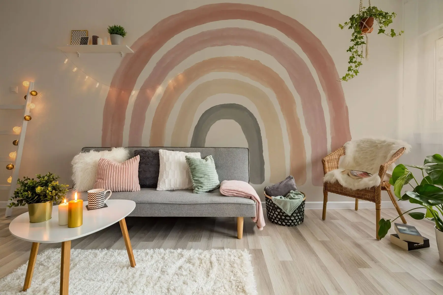 Wall Mural Photo Wallpaper boho style wallpaper: coral peach, pink rainbow. Pastel Rainbow Wall Pink u93566