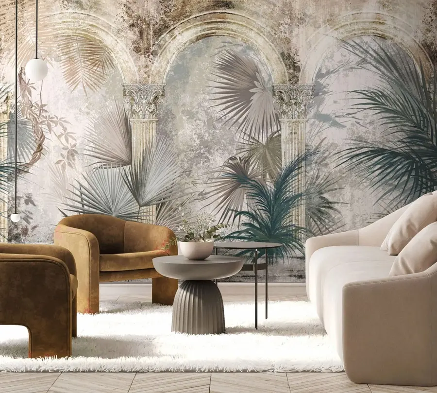 Wall Mural Photo Wallpaper Among the columns are tropical, exotic plants and leaves u78667