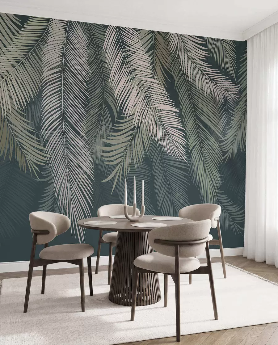murales Hojas de palmera sobre fondo verde oscuro u48556v2