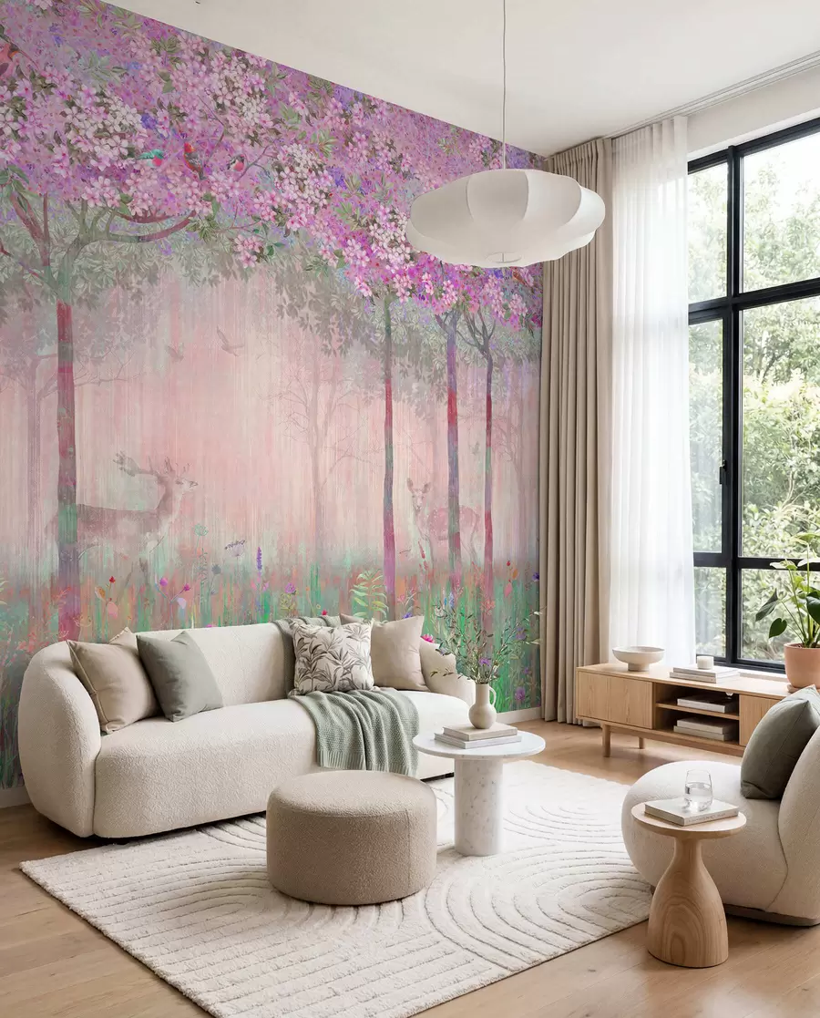 peintures murales Cerf au bois fleuri de rose u62100v3