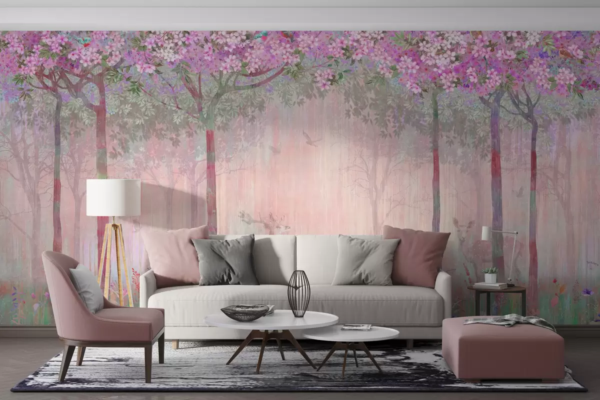 peintures murales Arbres à fleurs avec de longs troncs, cerfs entre les arbres u62100v3