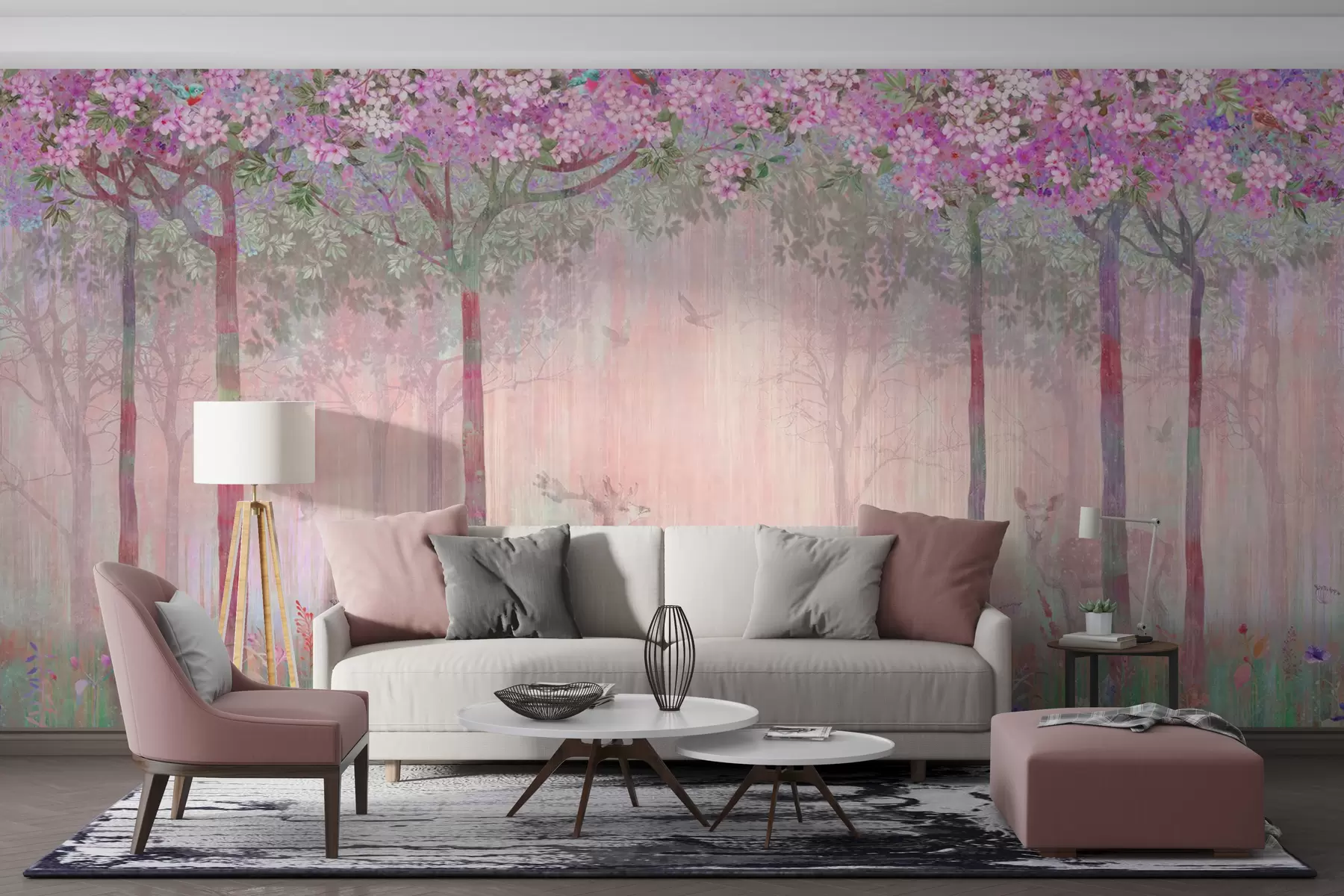 peintures murales Arbres à fleurs avec de longs troncs, cerfs entre les arbres u62100v3