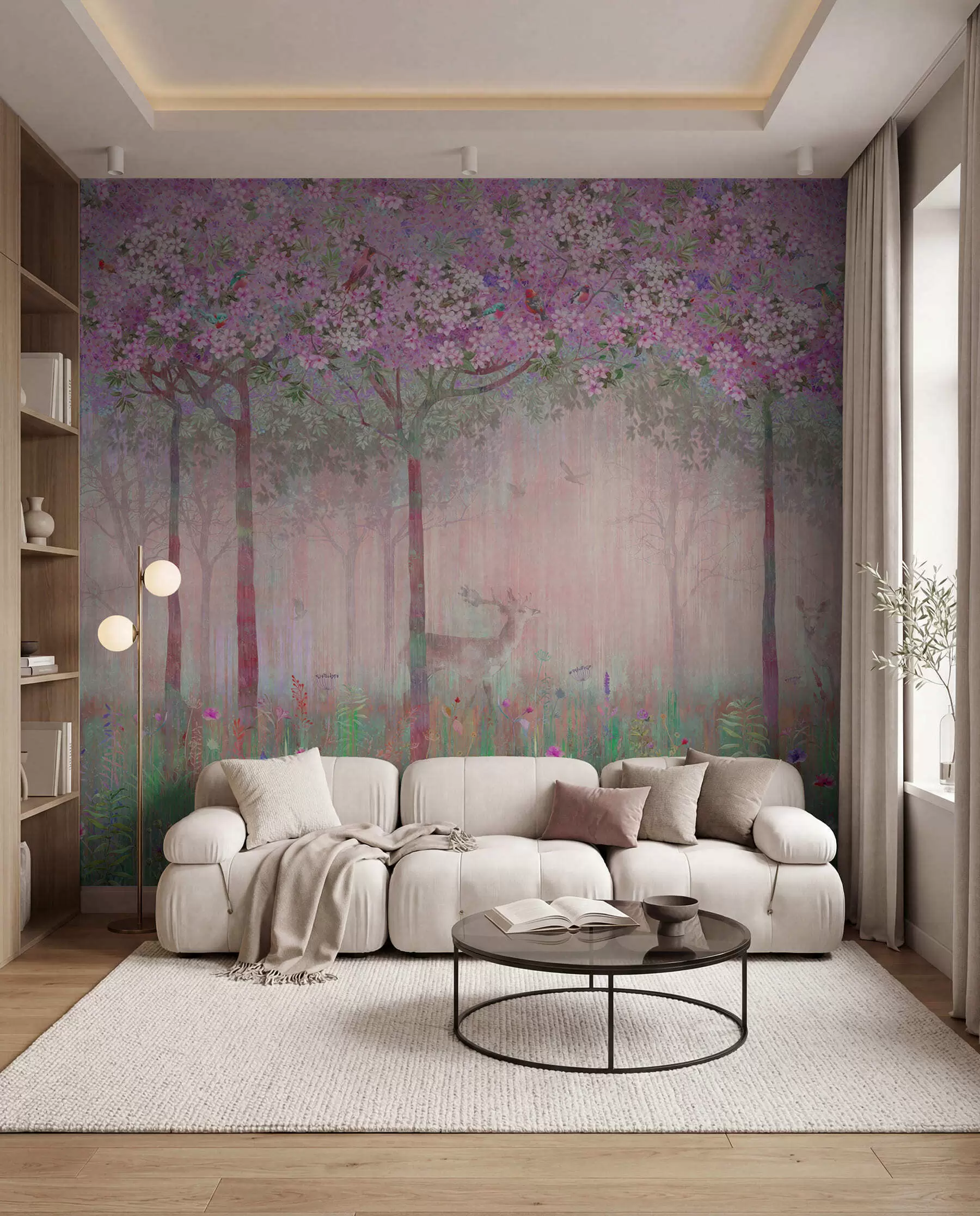 murales Árboles en flor con troncos largos, ciervos entre los árboles u62100v3