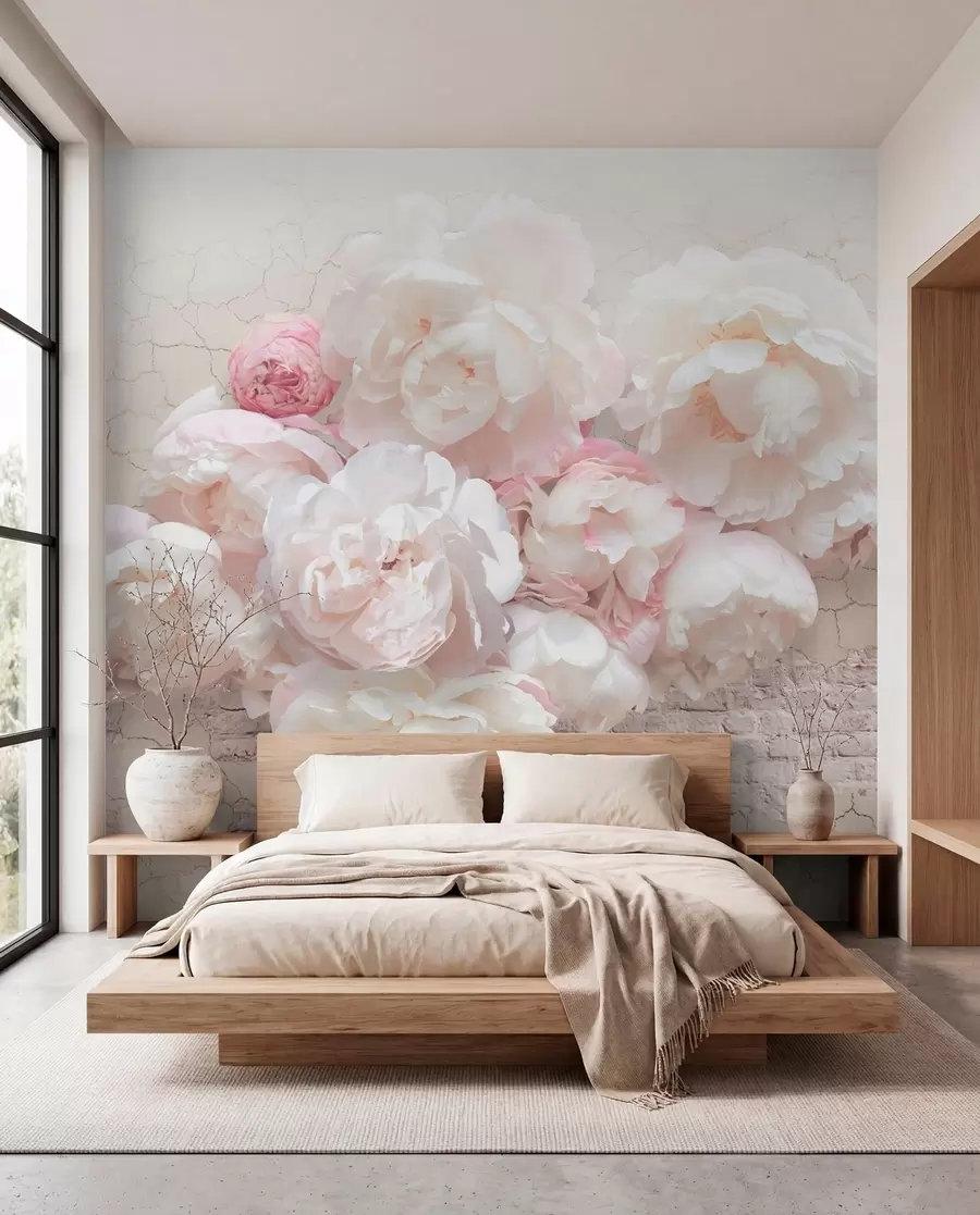 wall murals White peonies on a dilapidated wall u79549