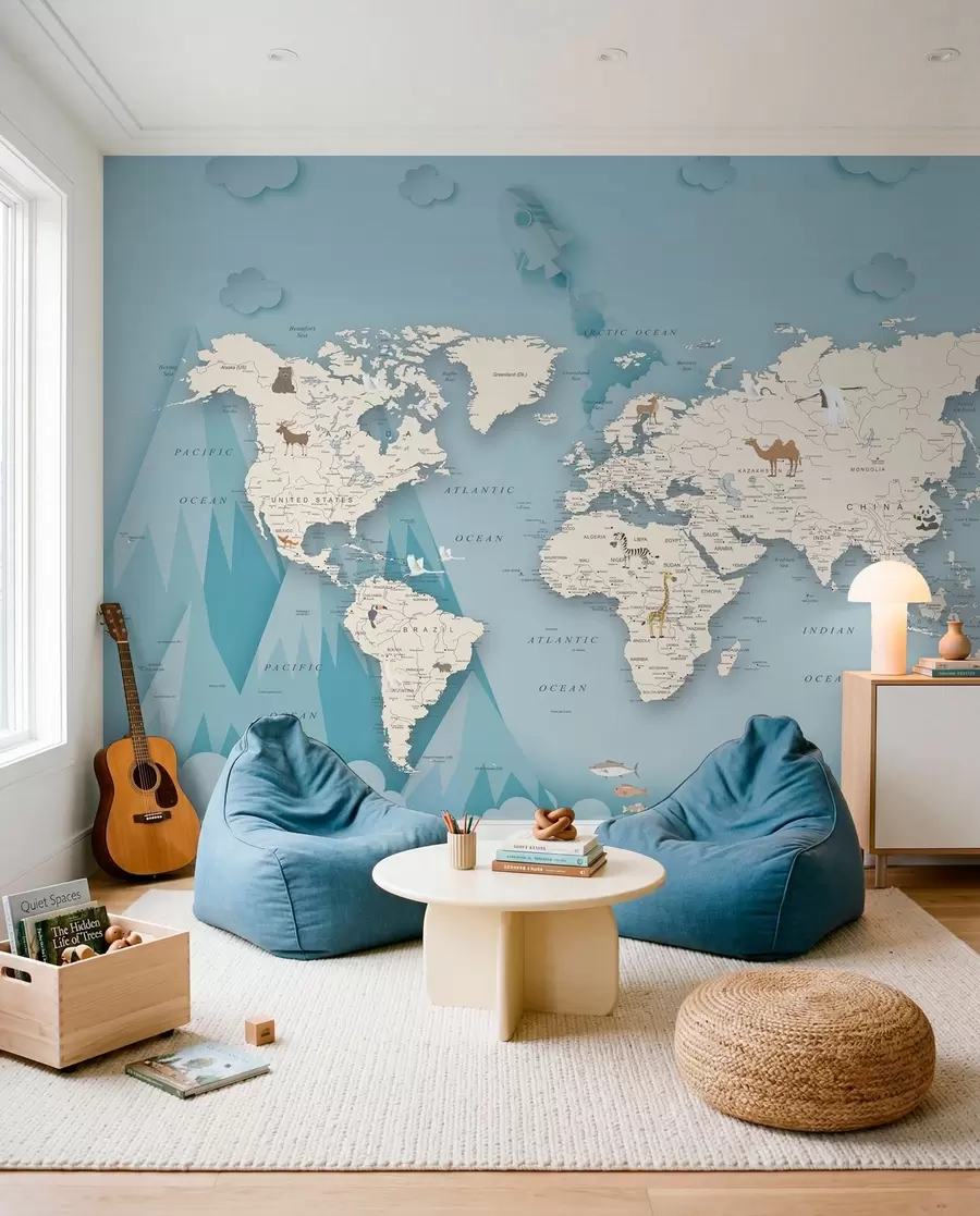 murales Mapa del mundo sobre el fondo de las montañas u79831