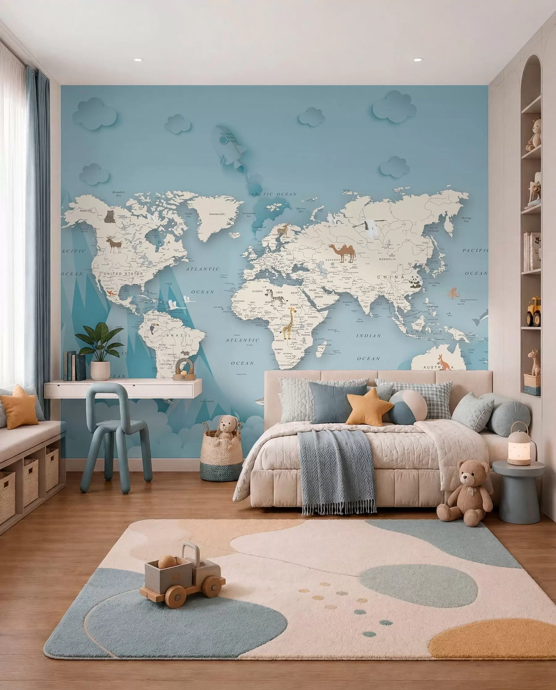 peintures murales Carte du monde sur fond de montagnes u79831