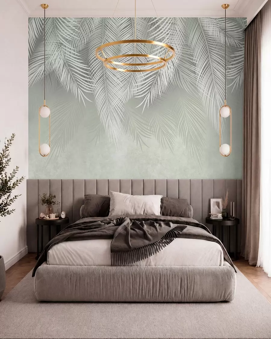 Wall Mural Photo Wallpaper White palms of branches on a green background u74489