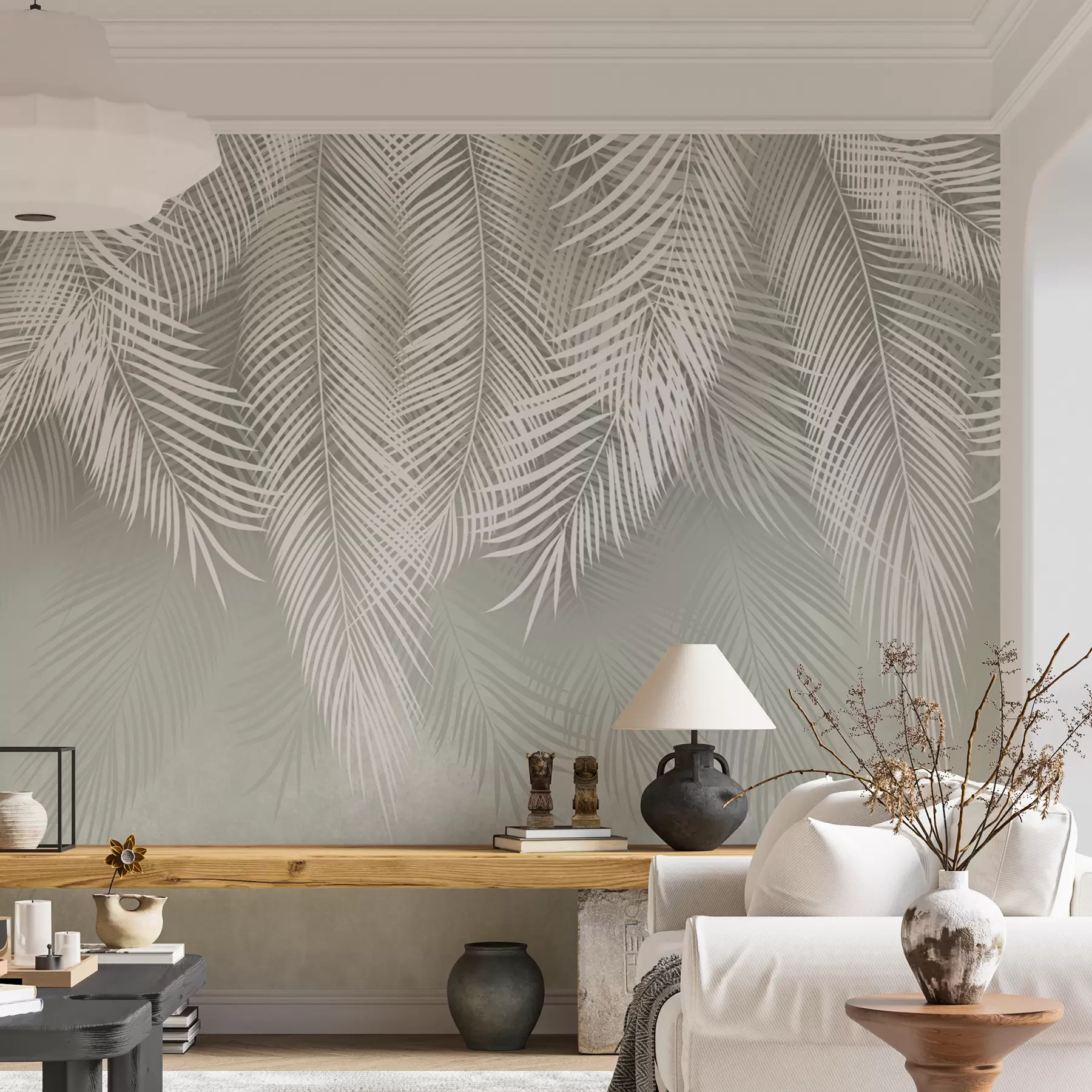 Wall Mural Photo Wallpaper White palms of branches on a green background u74489